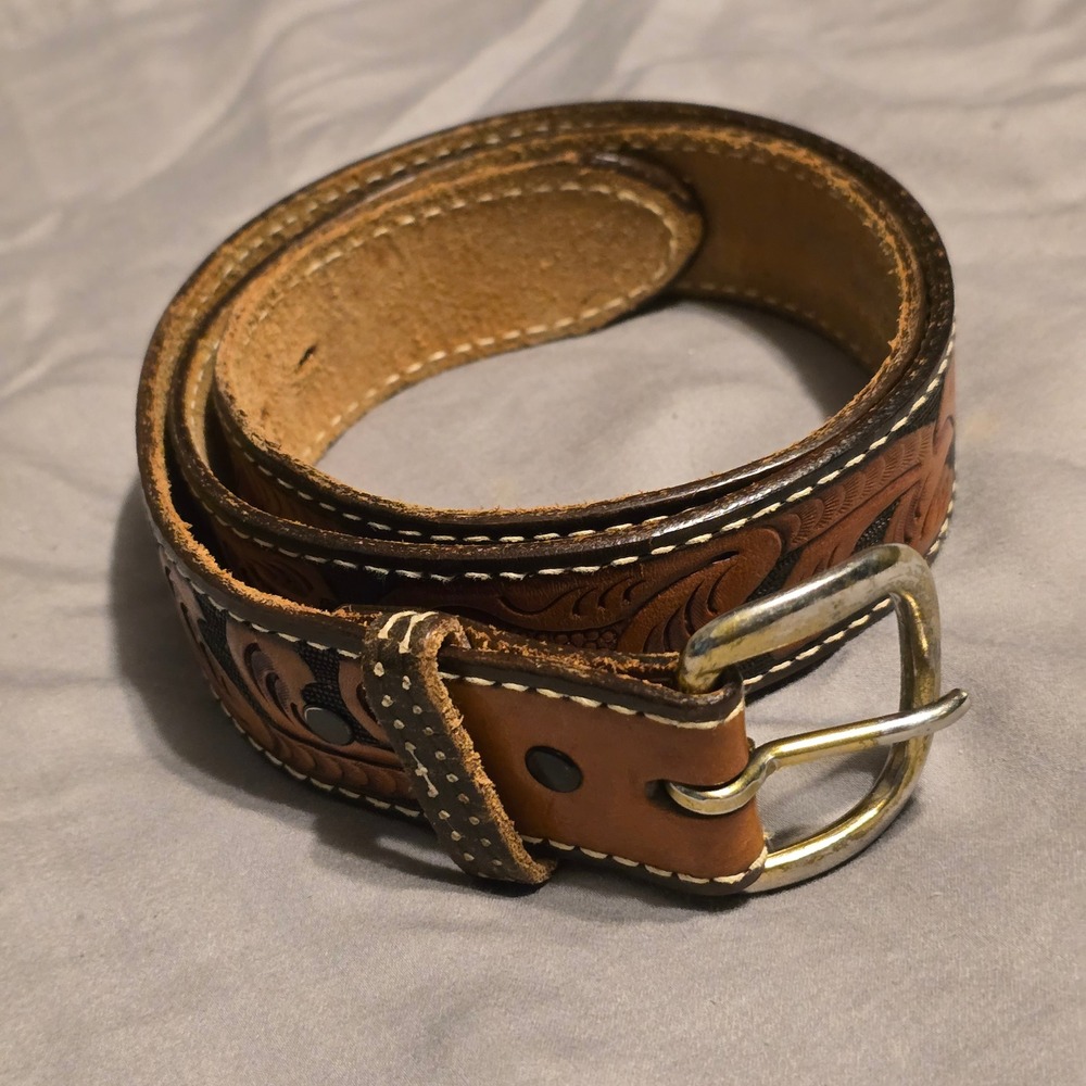 Belt 36 Leather Western Women Brown Floral Tooled Germany Buckle 732C Smal